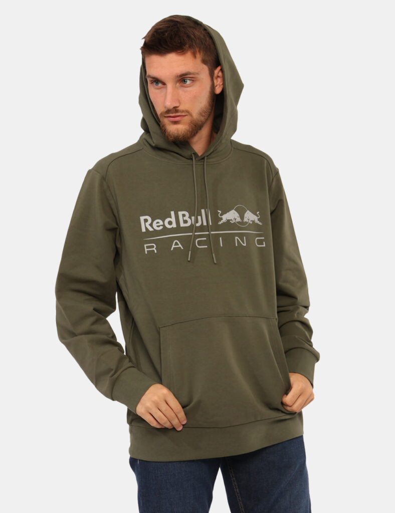 Felpa Red Bull Verde - Felpa classica con cappuccio, su base verde oliva con stampa frontale logo brand più tascone. La vest