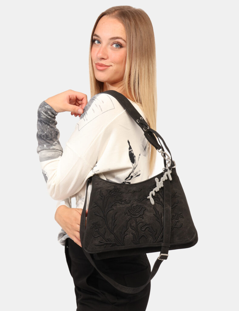 Borsa Desigual Nero - Borsa a spalla, in total nero simil scamosciato con disegno floreale ricamato in tono su tono. Present