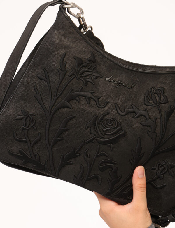 Borsa Desigual Nero - Borsa a spalla, in total nero simil scamosciato con disegno floreale ricamato in tono su tono. Present