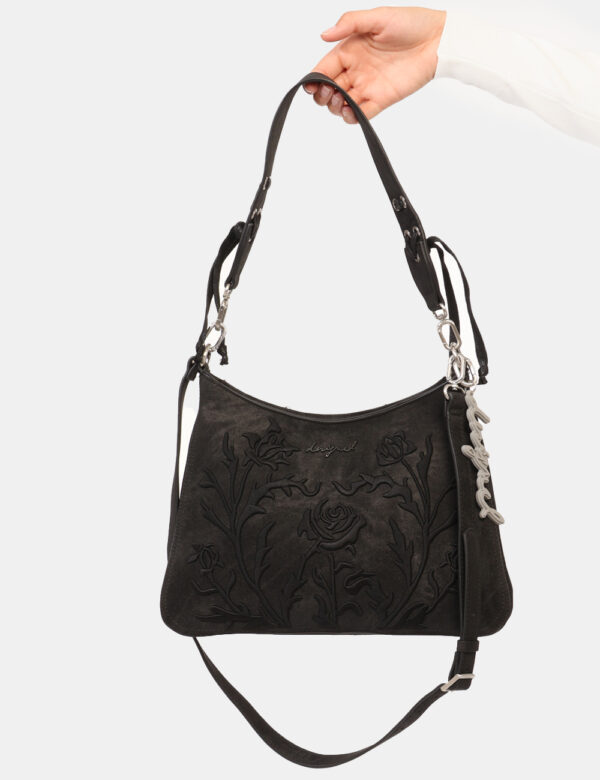 Borsa Desigual Nero - Borsa a spalla, in total nero simil scamosciato con disegno floreale ricamato in tono su tono. Present