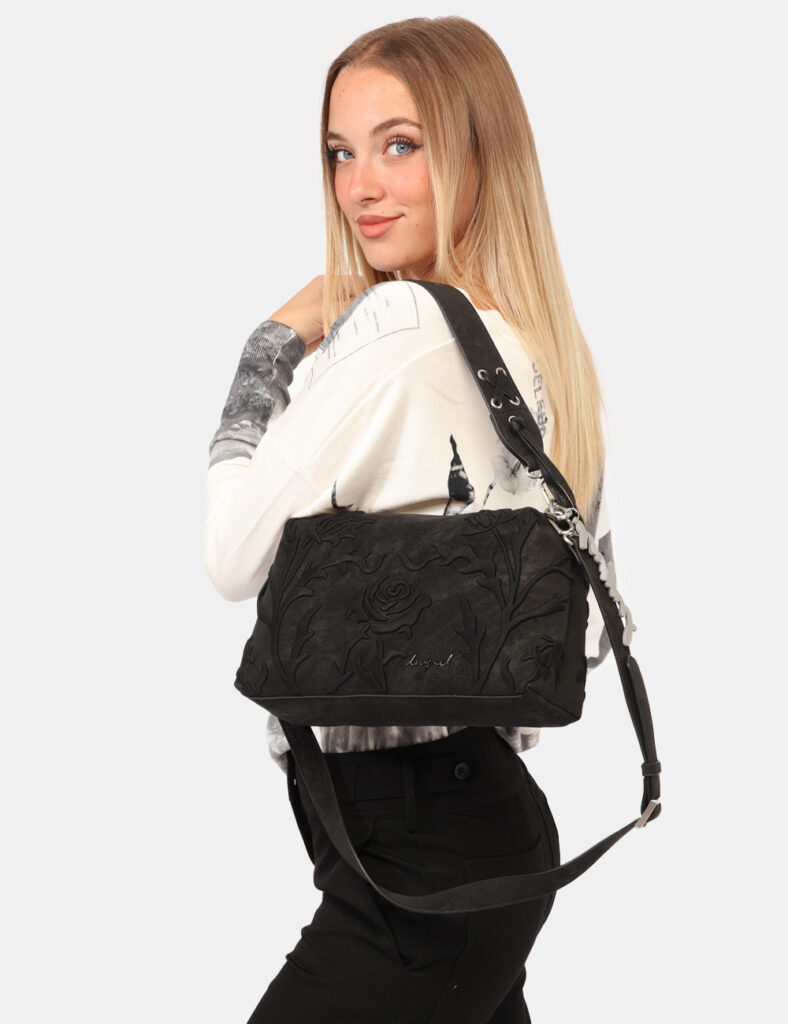 Borsa Desigual Nero - Borsa a tracolla di media dimensioni, in simil scamosciato nero con disegno floreale sagomato. Present