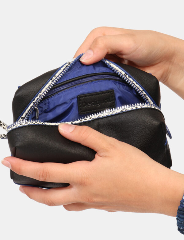 Pochette Desigual Nero - Pochette a mano con chiusura a zip ed in total nero più bordini blu. L'accessorio è pratico e maneg