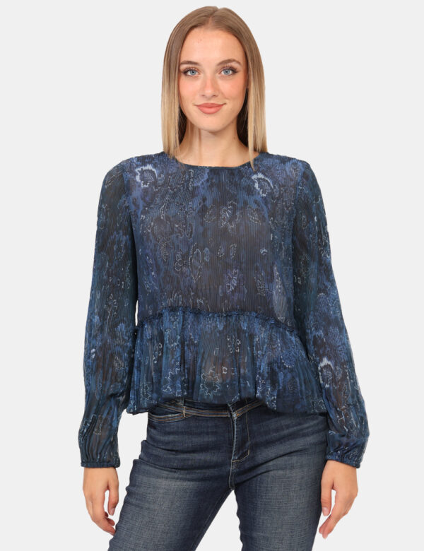 Blusa Desigual Blu - Blusa a maniche lunghe, leggera e trasparente, su tessuto pieghettato e con trama tendente al blu. La v