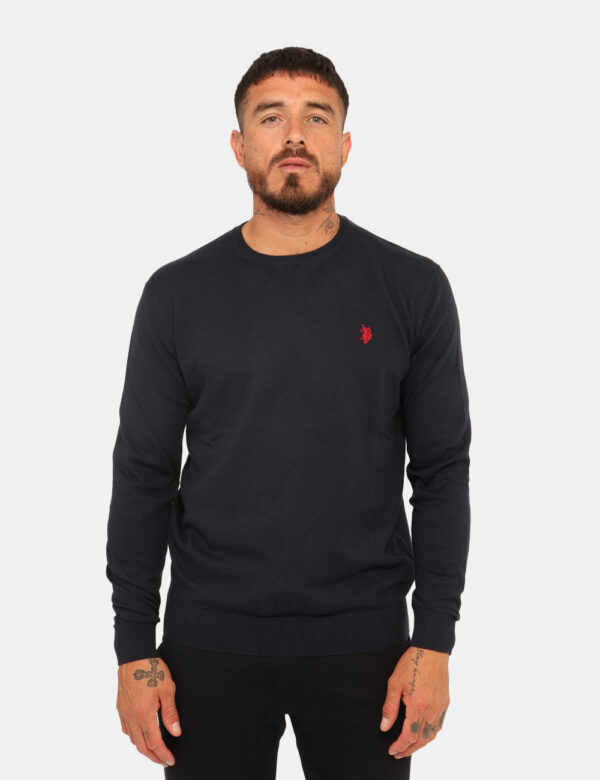 Maglione U.S. Polo Assn. blu - Maglione con girocollo classico, in misto cotone - cachemire, in total blu navy con logo bran