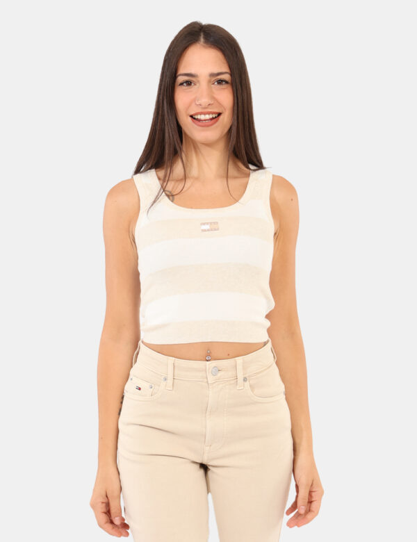 Top Tommy Hilfiger Beige - Top modello canotta corta, rigata beige e bianca con spalline larghe. La vestibilità è morbida e