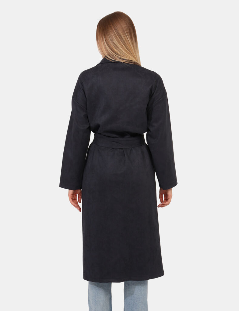 Cappotto Rue De Clerie Blu - Cappotto lungo leggero, in simil scamosciato ed in total blu. Presenti tasche a taglio trasvers