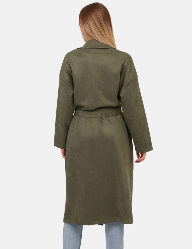 Cappotto Rue De Clerie Verde - Cappotto lungo leggero, in simil scamosciato ed in total verde militare. Presenti tasche a ta