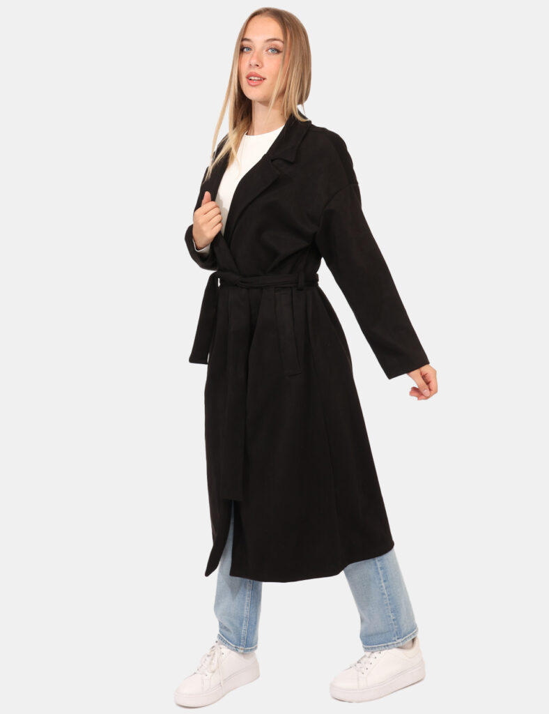 Cappotto Rue De Clerie Nero - Cappotto lungo leggero, in simil scamosciato ed in total nero. Presenti tasche a taglio trasve