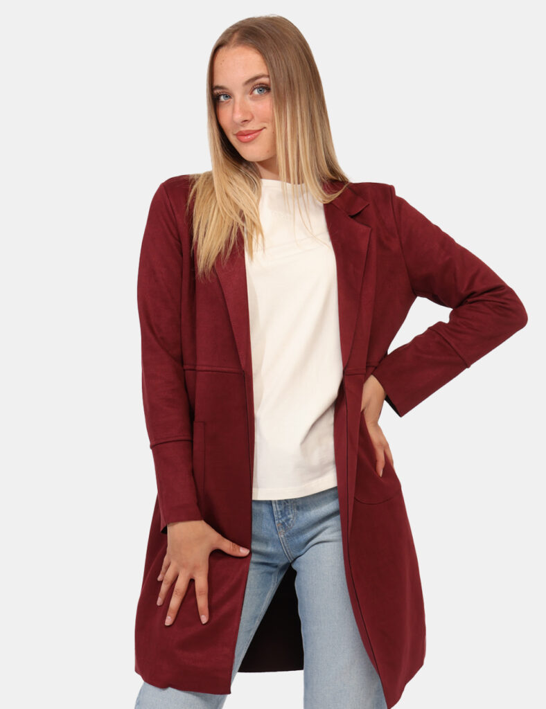 Cappotto Rue De Clerie Bordeaux - Cappottino leggero, simil scamosciato in total bordeaux con colletto e doppia tasca a topp