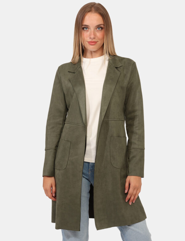 Cappotto Rue De Clerie Verde - Cappottino leggero, simil scamosciato in total verde militare con colletto e doppia tasca a t