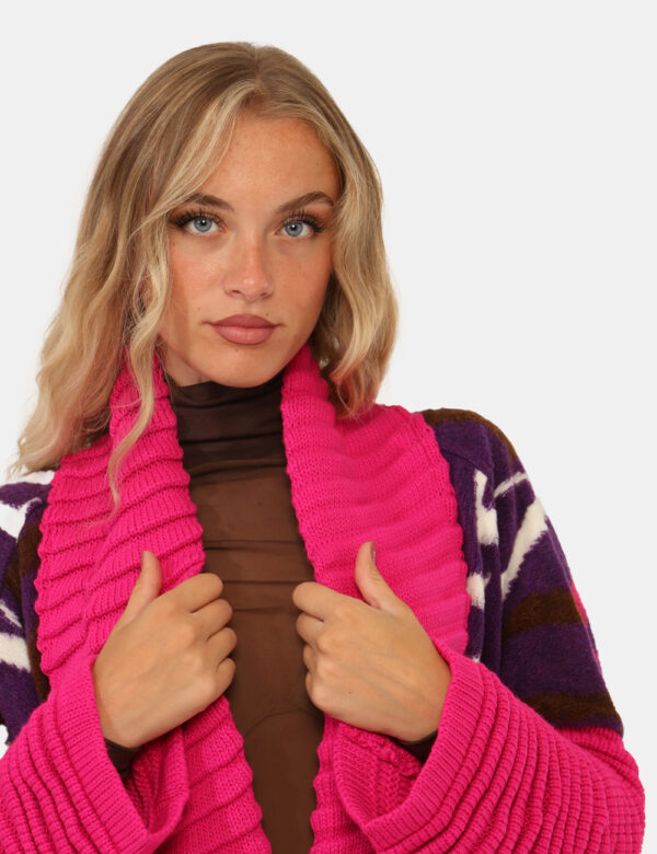 Cardigan Via Delle Rose Fucsia - Originale cardigan lungo, in fantasia viola e fucsia con maniche arruffate e tasche a toppa