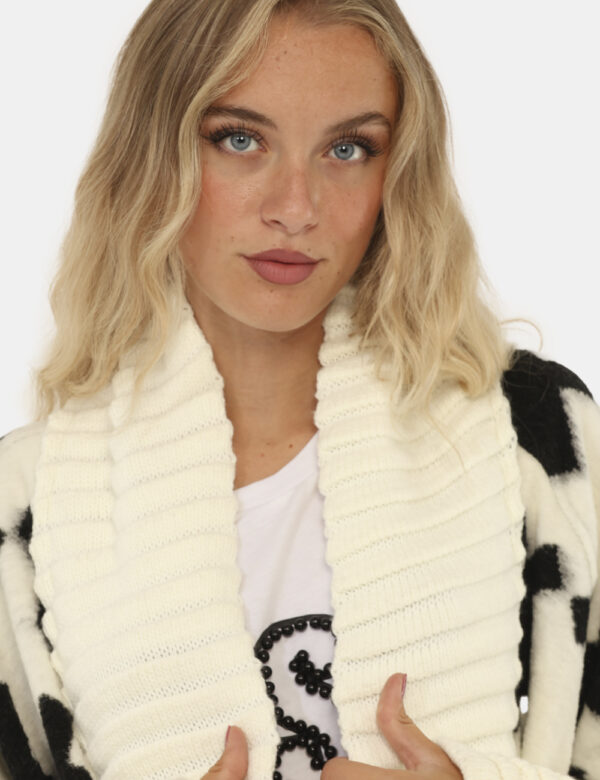 Cardigan Via Delle Rose Bianco - Originale cardigan lungo, in fantasia bianco e nero con maniche arruffate e tasche a toppa