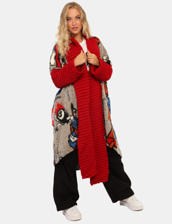 Cardigan Via Delle Rose Fantasia - Originale cardigan lungo, in fantasia grigia, rossa e blu con maniche arruffate e tasche
