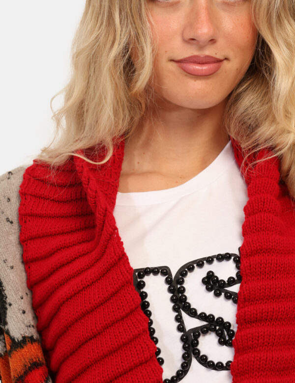 Cardigan Via Delle Rose Fantasia - Originale cardigan lungo, in fantasia grigia, rossa e blu con maniche arruffate e tasche