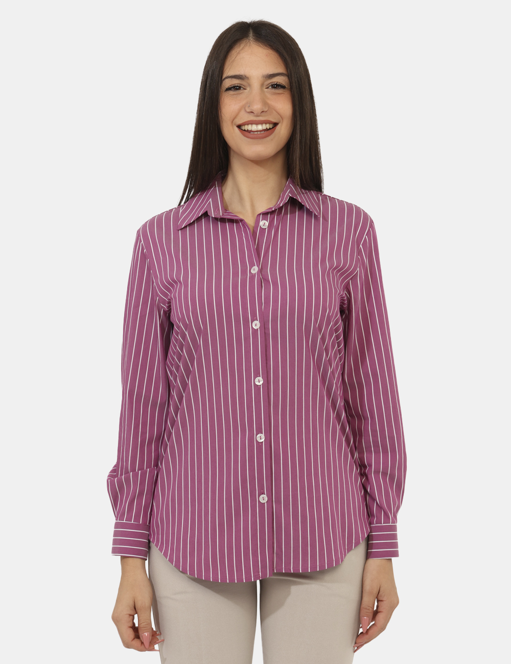 CAD01SA25-TCP217-OA_LATTE-VINO_AI25_7 Camicia Materica Rosa - Camicia classica rigata, su base rosa con stampa bianca. La vestibilità è morbida e pratica grazie a