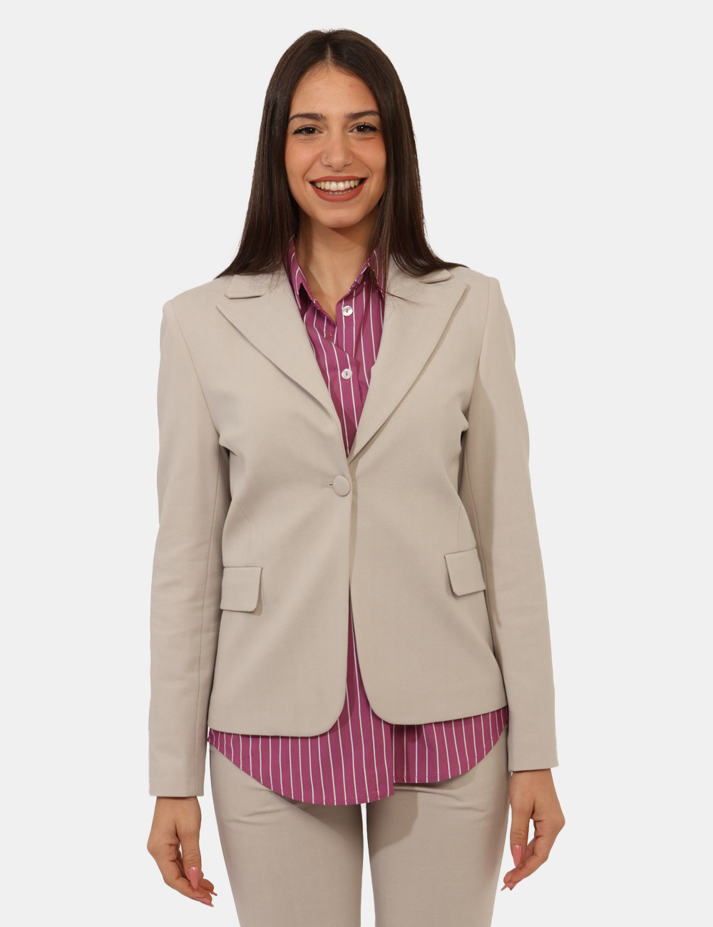 GD01SA25-TVP28-OA_SABBIA_AI25_5 Blazer Materica Beige - Blazer classico, in total sabbia, con tasche fake ed unico bottone ad asola in tinta. La vestibilità