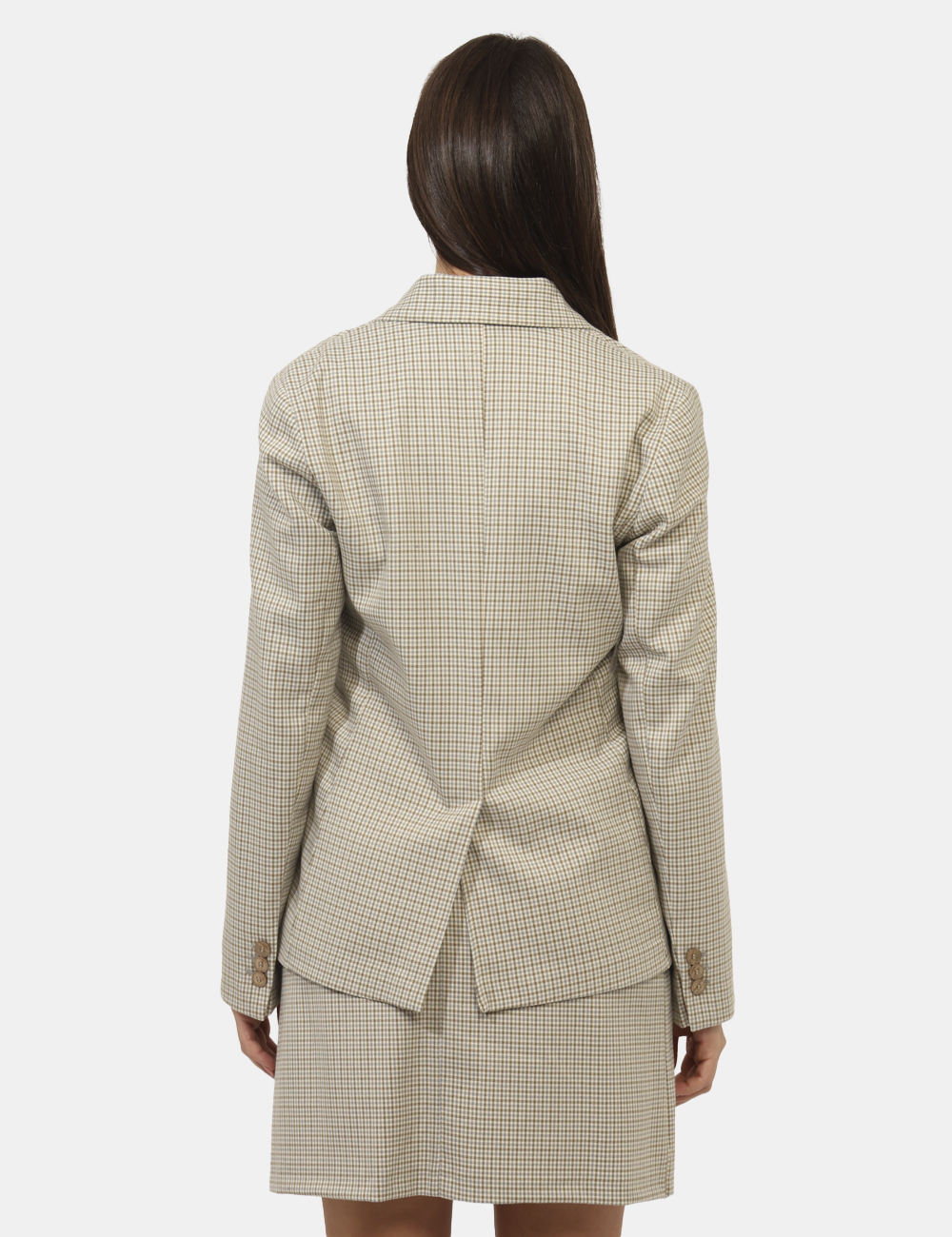 GD10SA25-TPV304-OA_GRIGIO-BEIGE-UNICO_AI25_2 Blazer Materica Beige - Blazer su fantasia quadrettata beige, marrone e azzurro, con tasche fake. La vestibilità è morbida e