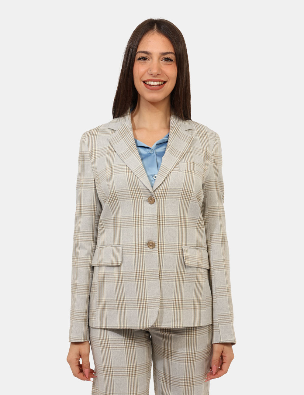 GD10SA25-TPV339-OA_GRIGIO-BEIGE-UNICO_AI25_7 Blazer Materica Grigio - Blazer su fantasia quadrettata beige e grigio, con tasche fake. La vestibilità è morbida e pratica
