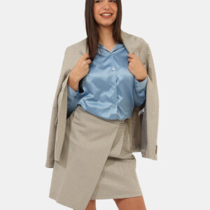 Gonna Materica Beige - Gonna modello longuette, elegante, in fantasia quadrettata beige, marrone e azzurro, con zip laterale