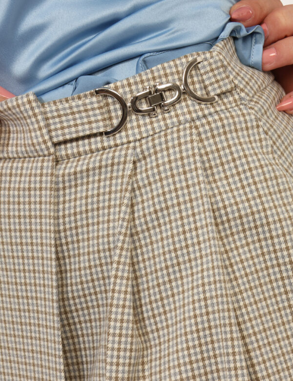Gonna Materica Beige - Gonna modello longuette, elegante, in fantasia quadrettata beige, marrone e azzurro, con zip laterale