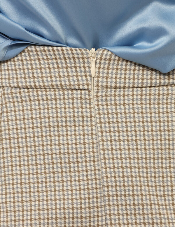 Gonna Materica Beige - Gonna modello longuette, elegante, in fantasia quadrettata beige, marrone e azzurro, con zip laterale