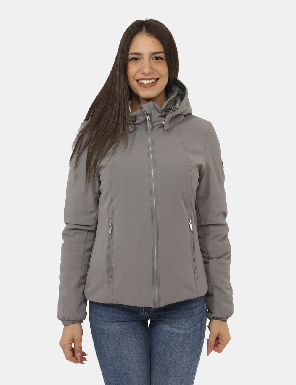 J047-L300-OA_GRIGIO_AI25_7 Giacca Yes Zee Grigio - Giacca invernale con cappuccio removibile, in total grigio chiaro, con patch logo brand e tasche a t