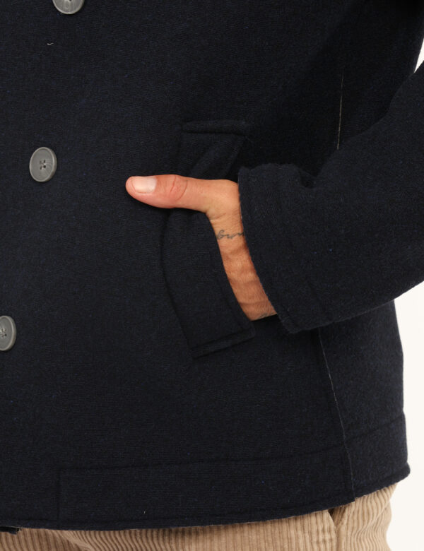 Cappotto Yes Zee Blu - Cappotto corto con cappuccio, interno foderato grigio e ricoperto di tessuto in lana total blu navy.
