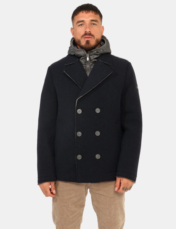 Cappotto Yes Zee Blu - Cappotto corto con cappuccio, interno foderato grigio e ricoperto di tessuto in lana total blu navy.