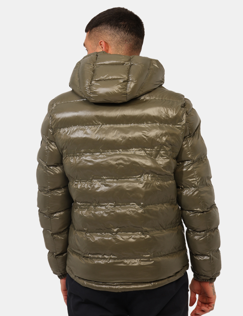 J823-B400-OA_VERDE-MILITARE_AI25_2 Piumino Yes Zee Verde - Piumino con cappuccio removibile, in total verde militare lucido ed interno grigio, più tasche a tag