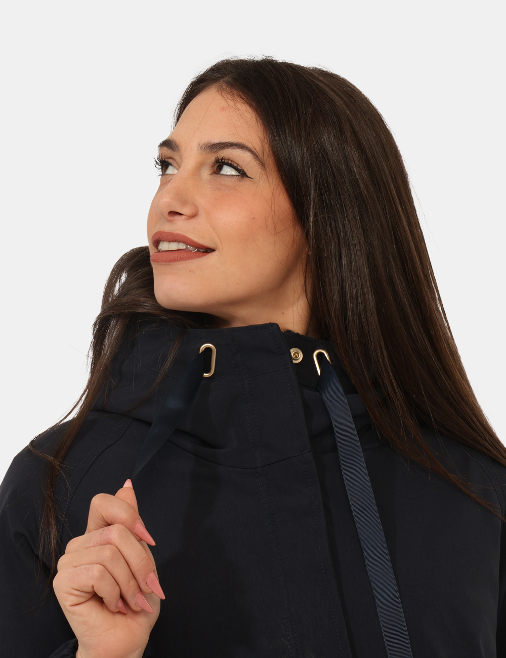O069-NU00-OA_BLU-NAVY_AI25_6 Giacca Yes Zee Blu - Piumino lungo con cappuccio non removibile, in total blu navy, con interno in piuma, più tasche a tagli