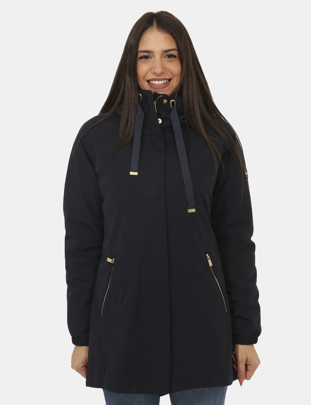 O069-NU00-OA_BLU-NAVY_AI25_9 Giacca Yes Zee Blu - Piumino lungo con cappuccio non removibile, in total blu navy, con interno in piuma, più tasche a tagli