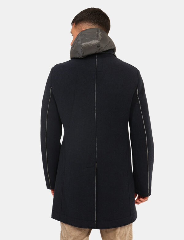 Cappotto Yes Zee Blu - Cappotto originale con cappuccio e foderato al suo interno in grigio, ricoperto di tessuto in lana in