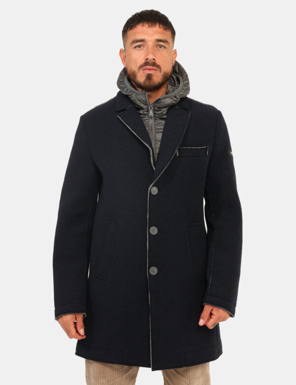 Cappotto Yes Zee Blu - Cappotto originale con cappuccio e foderato al suo interno in grigio, ricoperto di tessuto in lana in