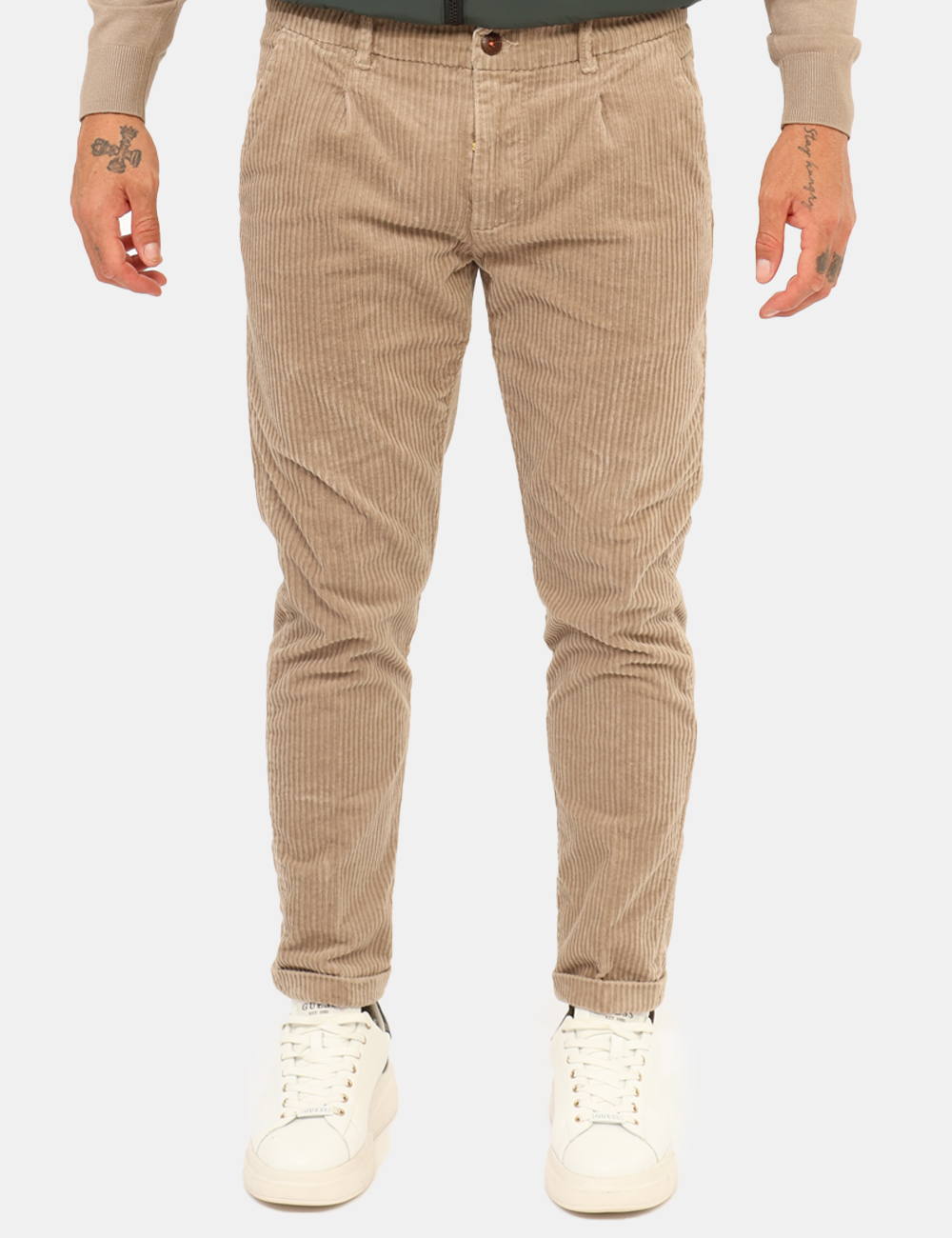 P660-PU00-OA_BEIGE_AI25_6 Pantaloni Yes Zee Beige - Pantaloni in simil velluto total beige, con tasche a taglio trasversale sul fronte e tasche a fess