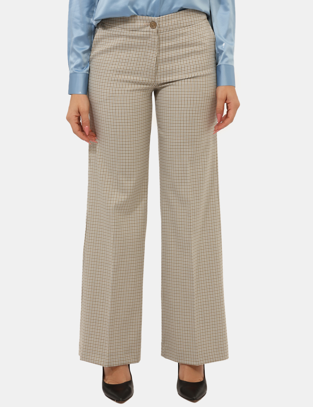 PD08SA25-TPV304-OA_GRIGIO-BEIGE-UNICO_AI25_4 Pantaloni Materica Beige - Pantaloni larghi, eleganti, su fantasia quadrettata beige e grigio, con tasche a taglio trasversa
