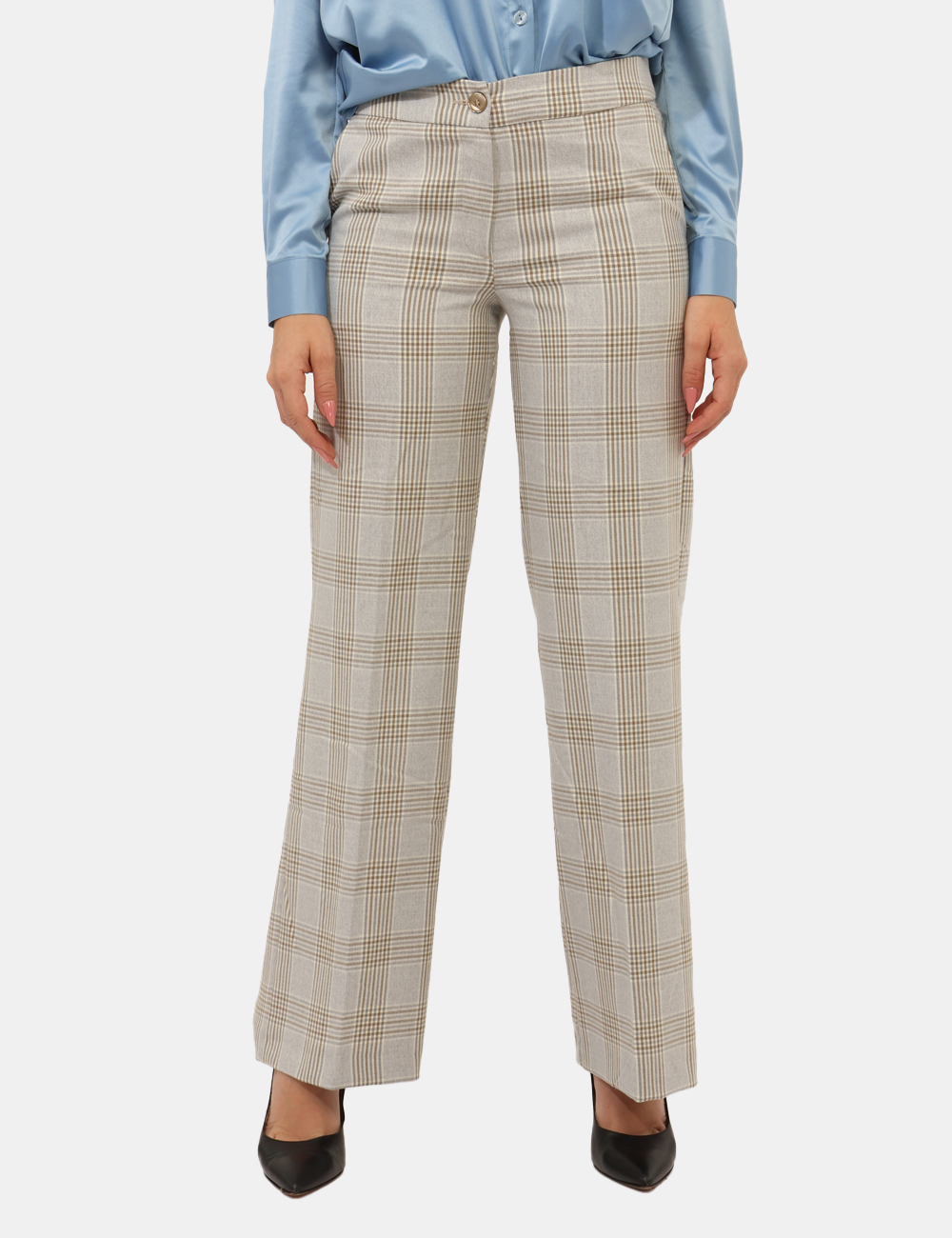 PD08SA25-TPV339-OA_GRIGIO-BEIGE-UNICO_AI25_6 Pantaloni Materica Grigio - Pantaloni larghi, eleganti, su fantasia quadrettata beige e grigio, con tasche a taglio trasvers