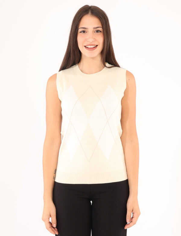 Gilet Rue De Clerie Beige - Maglioncino - Gilet in fantasia bianca/beige con riquadri e filo lurex. La vestibilità è morbida
