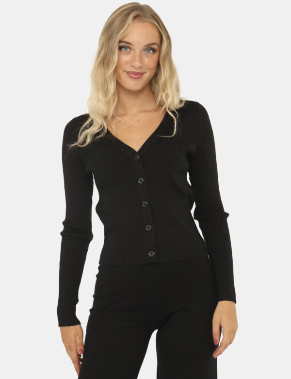 Cardigan Rue De Clerie Nero - Cardigan classico in total nero con filo lurex. La vestibilità è morbida e pratica grazie a bo