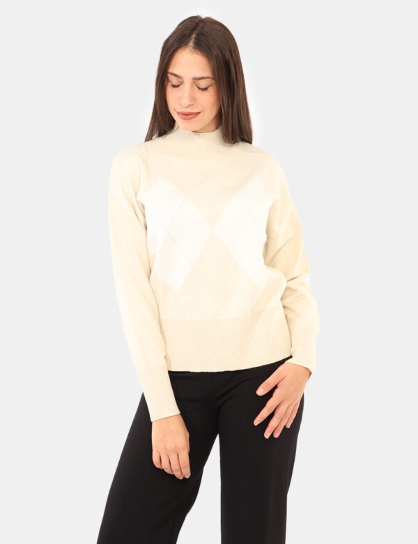 Maglione Rue De Clerie Beige - Maglione dolcevita su fantasia bianco/beige con riquadri e filo lurex. La vestibilità è morbi