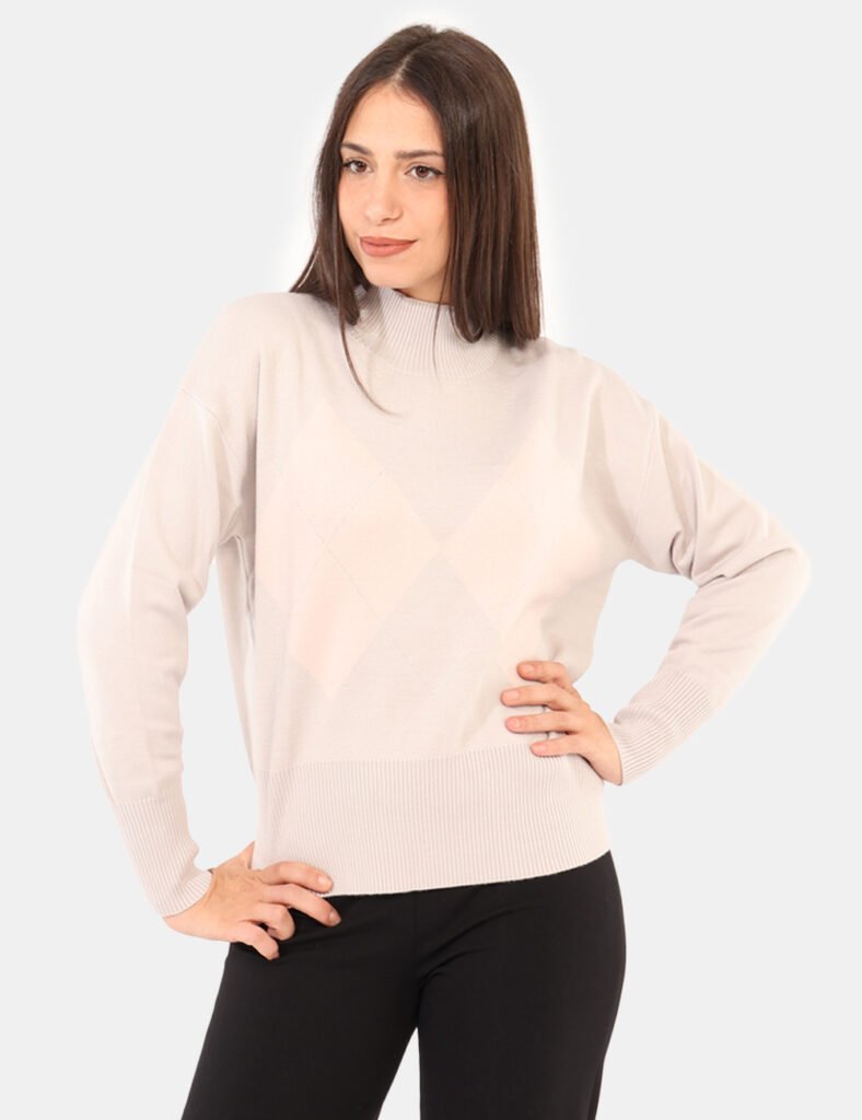 Maglione Rue De Clerie Rosa - Maglione dolcevita su fantasia rosa/lilla con riquadri e filo lurex. La vestibilità è morbida