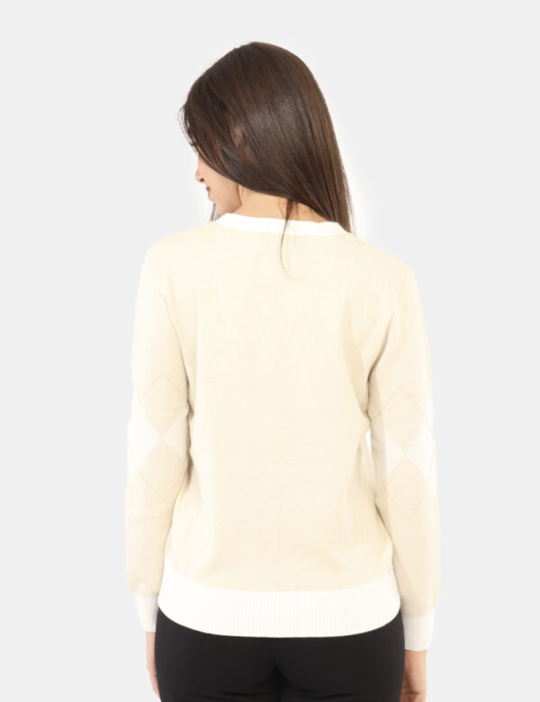 Cardigan Rue De Clerie Beige - Maglione cardigan, su base bianca e beige con stampa a riquadri e filo lurex dorato. La vesti