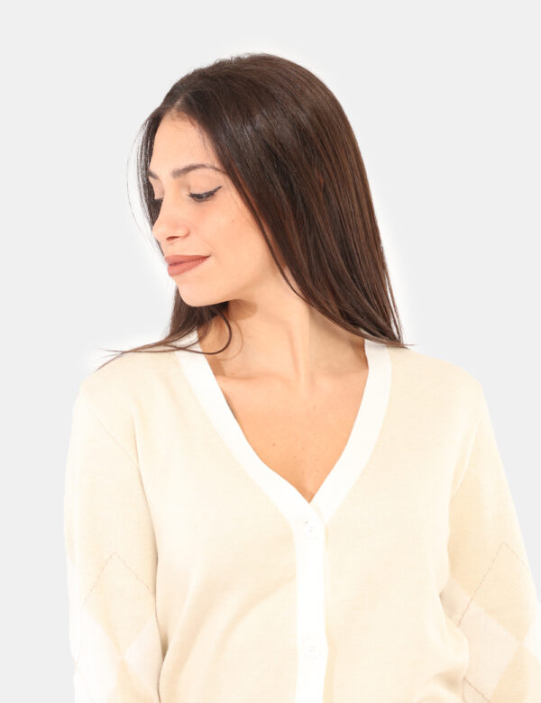 Cardigan Rue De Clerie Beige - Maglione cardigan, su base bianca e beige con stampa a riquadri e filo lurex dorato. La vesti