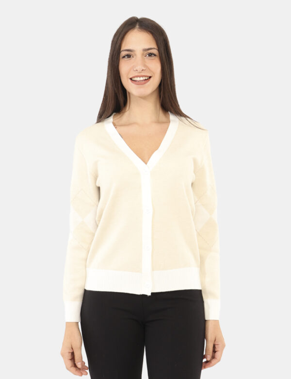 Cardigan Rue De Clerie Beige - Maglione cardigan, su base bianca e beige con stampa a riquadri e filo lurex dorato. La vesti