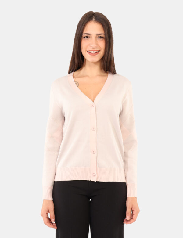 Cardigan Rue De Clerie Rosa - Maglione cardigan, su base rosa e lilla con stampa a riquadri e filo lurex dorato. La vestibil