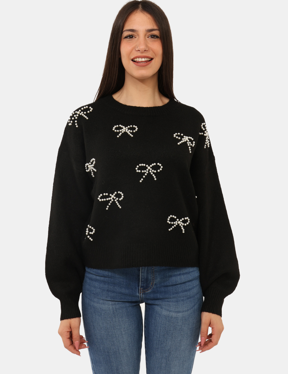 WT7010K-49701-sa_BLACK_AI25_6 Maglione Fracomina Nero - Maglione girocollo classico in total nero con fiocchetti in perline applicati che donano luce al c