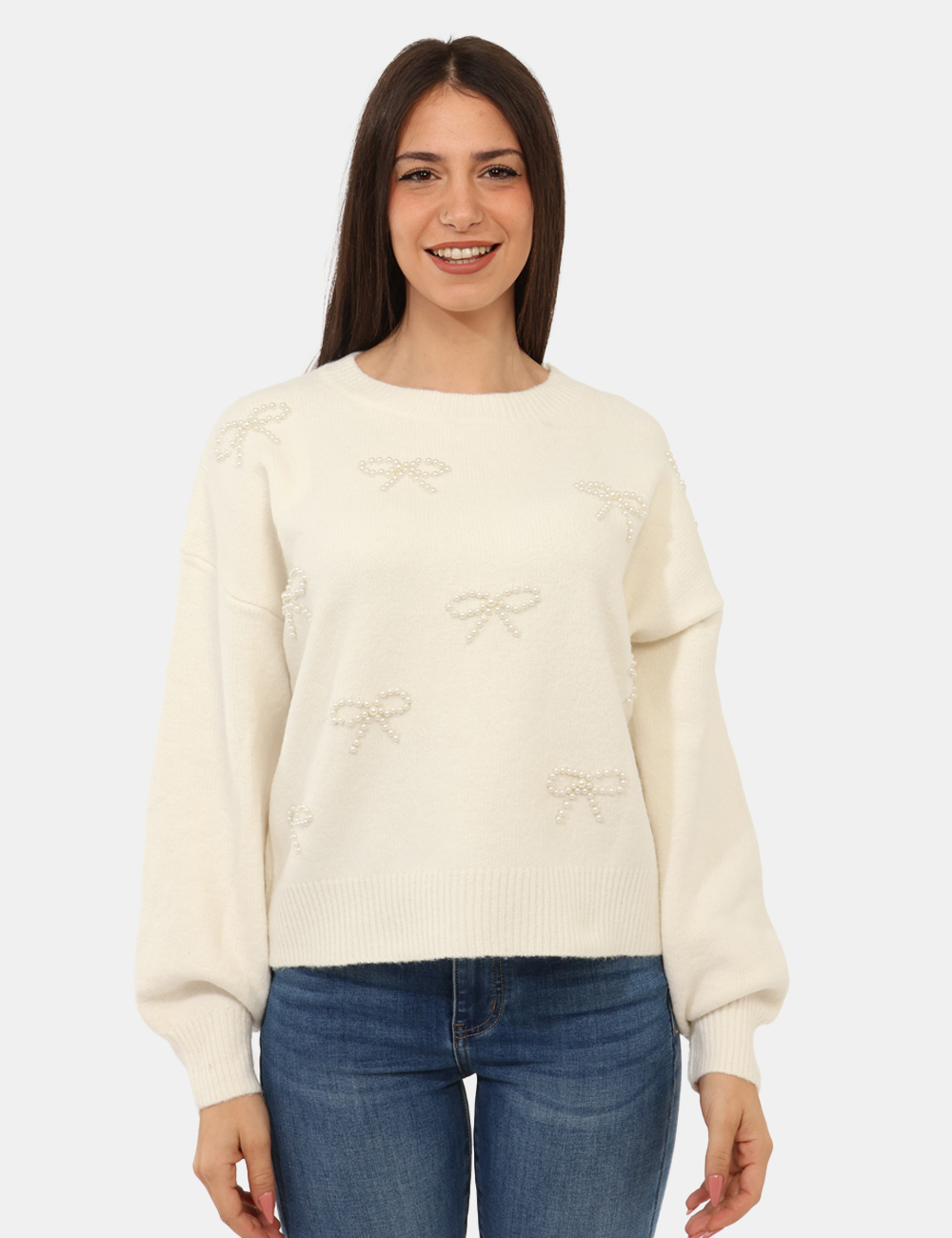 WT7010K-49701-sa_CREAM_AI25_6 Maglione Fracomina Bianco - Maglione girocollo classico in total bianco con fiocchetti in perline applicati che donano luce