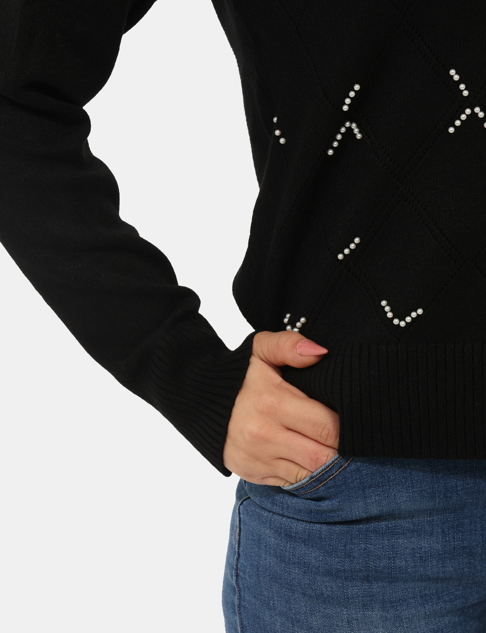 WT7014K50201-sa_BLACK_AI25_3 Maglione Fracomina Nero - Maglione con girocollo classico in total nero, trama lavorata e perline che donano luce al capo. L