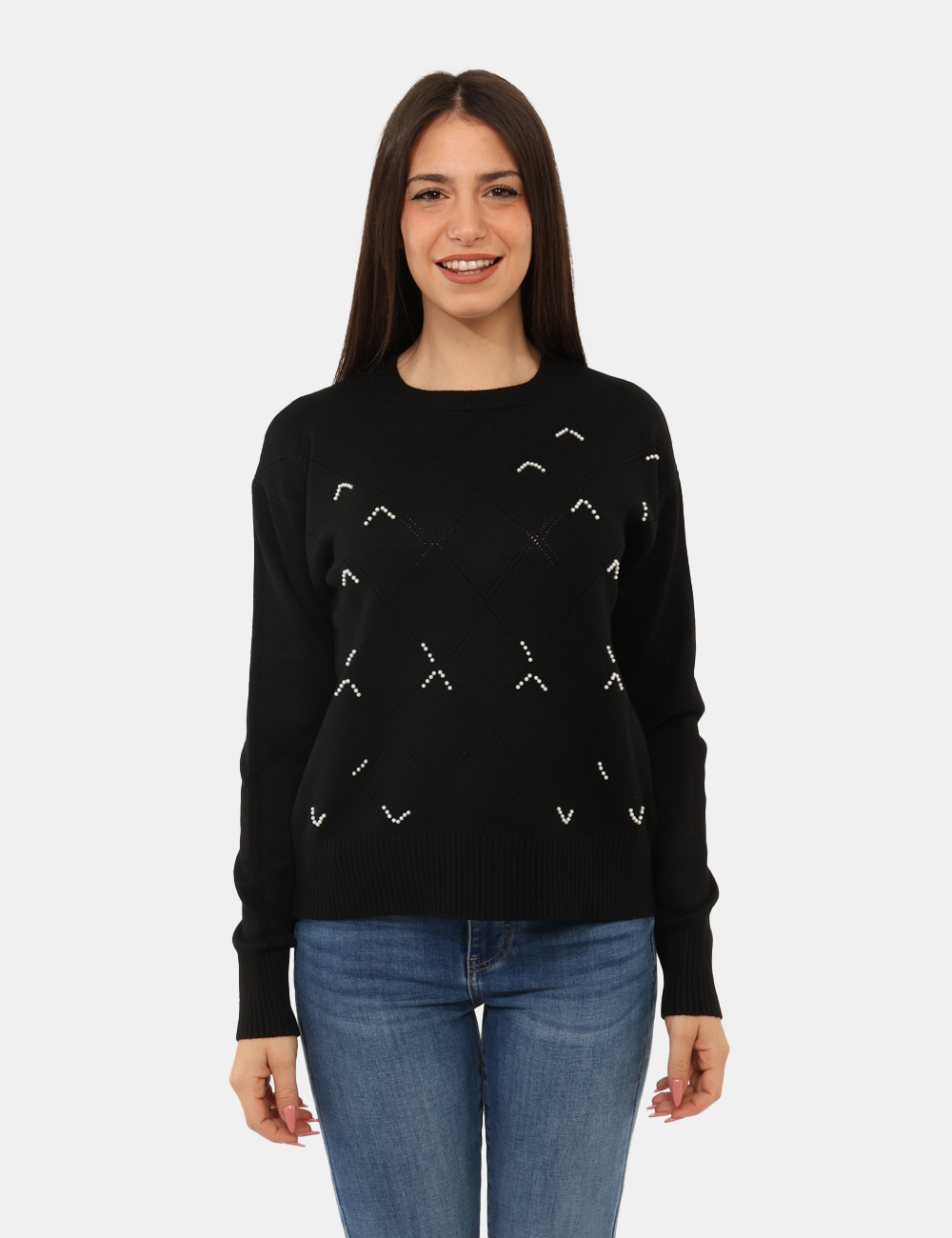 WT7014K50201-sa_BLACK_AI25_6 Maglione Fracomina Nero - Maglione con girocollo classico in total nero, trama lavorata e perline che donano luce al capo. L