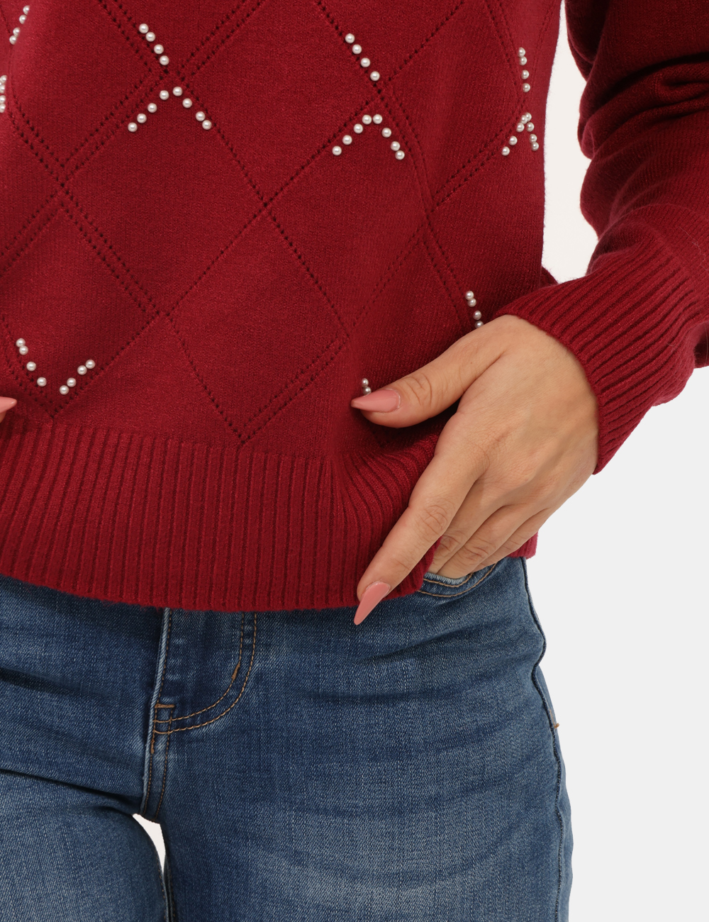 WT7014K50201-sa_BORDEAUX_AI25_3 Maglione Fracomina Bordeaux - Maglione con girocollo classico in total bordeaux, trama lavorata e perline che donano luce al