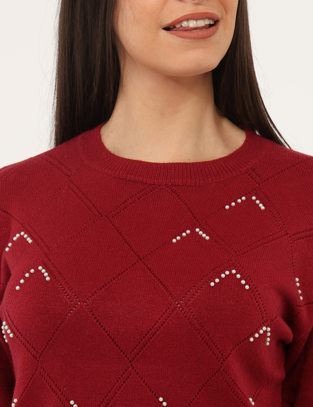 WT7014K50201-sa_BORDEAUX_AI25_4 Maglione Fracomina Bordeaux - Maglione con girocollo classico in total bordeaux, trama lavorata e perline che donano luce al